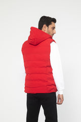 RED SLEEVE LESS HOODED PUFFER JACKET